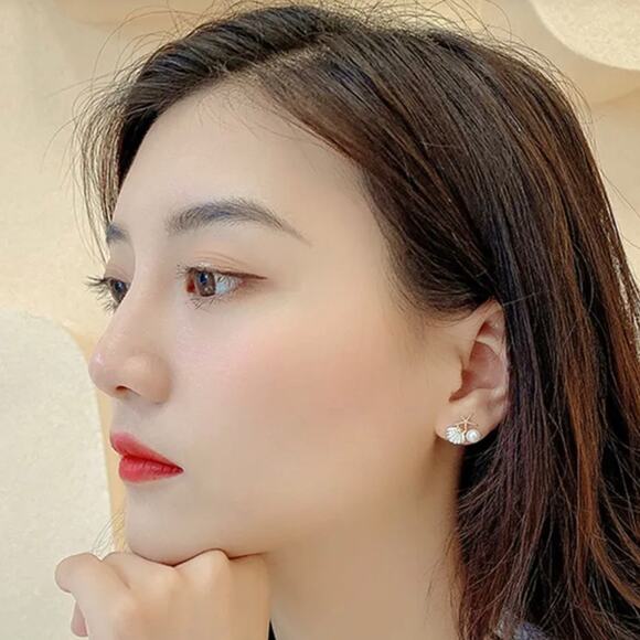 Starfish Shell Alloy Enamel Inlay Artificial Pearl Rhinestones Women's Ear Studs - Picture 2 of 4